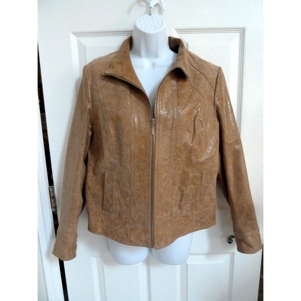 ROSTEEN Leather Trucker Jacket Womens Large Full Zip Shiny Beige Cropped